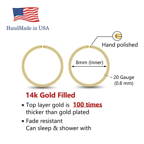 Vista 2 de 14k Gold Filled Small Gold Hoop Earring for Women Girls, 8mm Tiny Thin Gold Huggie Earrings, Non Tarnish Everyday Nap Gold Earrings, 8mm 20 Gauge
