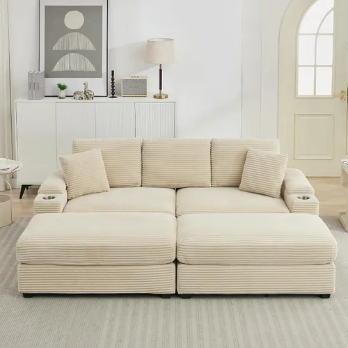 Vista 8 de Sofá seccional de 86.6 pulgadas con 2 otomanas, cómodo sofá convertible modular Cloud tapizado de pana con portavasos y USB, almacenamiento
