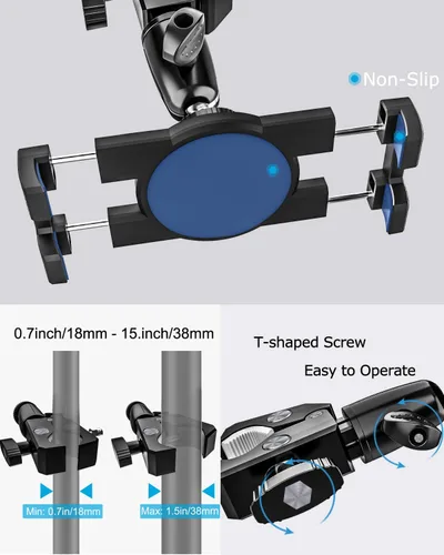 Vista 7 de Soporte de aluminio para tableta de bicicleta giratoria, abrazadera para manillar, soporte para tableta para bicicleta de ejercicio, cinta de correr