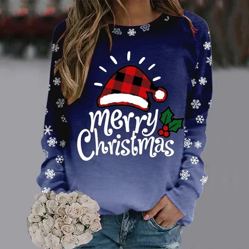 Vista 2 de Camiseta de manga larga, camiseta de Navidad para mujer, cuello redondo, manga larga, blusa