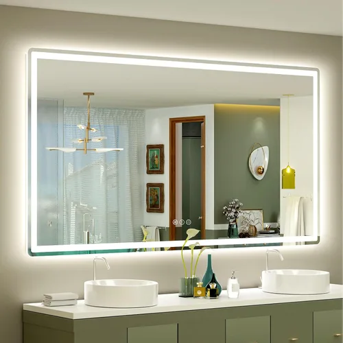 Vista 17 de SMIROR Espejo de baño LED con luces de 22" x 30", espejo de tocador rectangular redondeado iluminado para pared, iluminado frontal y retroiluminado