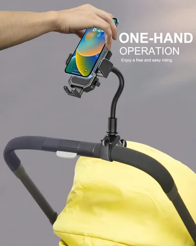 Vista 3 de Soporte para teléfono de cochecito de cuello de cisne, abrazadera de poste de montaje para cochecito de bebé, carrito de compras, silla de ruedas