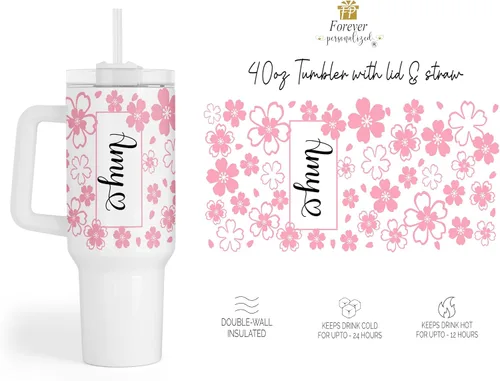 Vista 2 de Vaso personalizado de 40 onzas con asa y pajita, vaso aislado de acero inoxidable, taza de viaje, taza de café de doble pared para bebidas frías