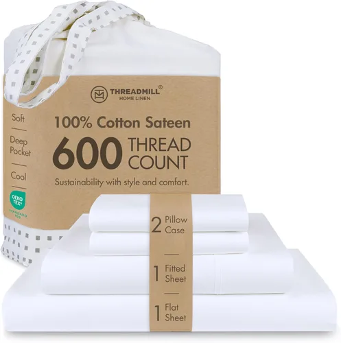 Vista 40 de Threadmill Sábanas de tamaño matrimonial, 100 % algodón puro de 600 hilos, 4 piezas, damasco, gris oscuro, calidad de hotel, sábanas de algodón