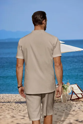 Vista 3 de COOFANDY Conjunto de 2 piezas de lino para hombre, camisas Henley casuales de manga corta, pantalones cortos de yoga para la playa, pantalones
