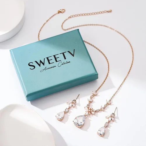 Vista 6 de SWEETV Conjuntos de joyería nupcial de boda para novias, damas de honor, collar de lágrima, aretes colgantes, conjuntos de joyas de graduación