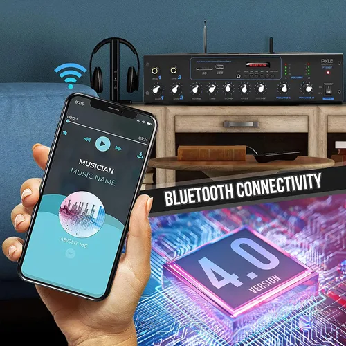 Vista 4 de Pyle Amplificador profesional y receptor Bluetooth sistema de audio estéreo, radio FM, (2) tomas de entrada de micrófono de 1/4 pulgadas