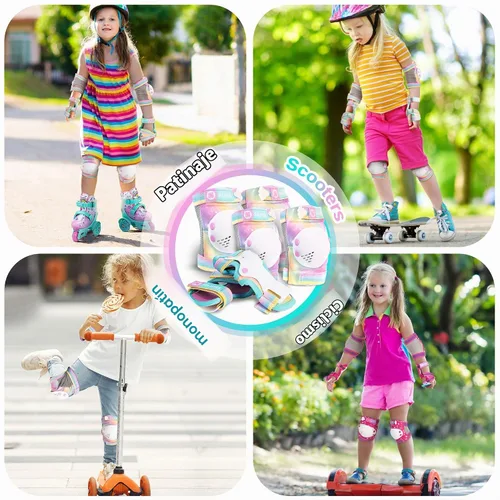 Vista 6 de Rodilleras de arcoíris y unicornio para niños, coderas, muñequeras con bolsa de cordón, juego de equipo de protección ajustable para niñas, patinaje
