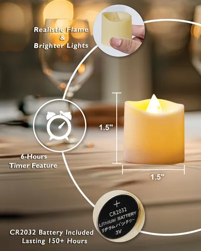 Vista 5 de Homemory - Paquete de 12 velas votivas sin llama con temporizador LED, luz de té de larga duración a pilas con temporizadores, ciclo de 6 horas