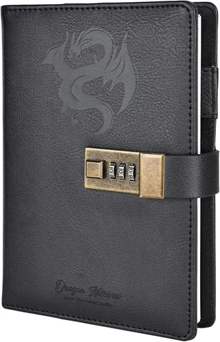 Vista 14 de TIEFOSSI Diario de Cuero Dragón, Cuaderno de Tapa Dura, Diario Recargable con Cerradura, Cuadernos de Escritura con Papel Rayado/En Blanco