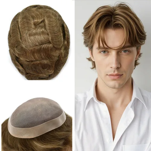 Vista 24 de Mens Toupee Hair Piece Real Human Hair Fine Mono Toupee para hombres Sistema de reemplazo de cabello para hombre Postizo Protesis Capilar Para