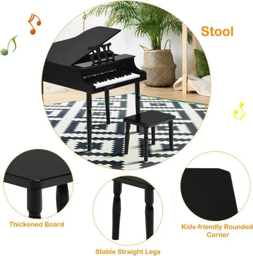 Vista 5 de Costzon Piano Clásico para Niños, Piano de Juguete de Madera con 30 Teclas, con Soporte para Partituras y Banco, Mini Juguete Musical para Niños