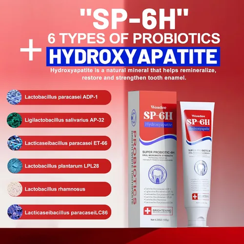 Vista 2 de Woadee SP-6 Hydroxyapatites Pasta de dientes, SP-6 Pasta dental blanqueadora probiótica, 6 probióticos+fórmula de hidroxiapatitas para blanquear