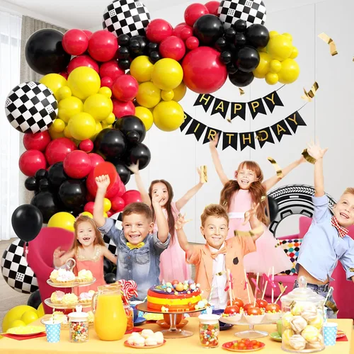 Vista 5 de Kit de arco de globos de auto de carreras de 132 piezas, decoraciones de fiesta con globos rojos, negros y amarillos, globos de rueda a cuadros