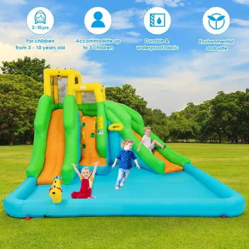 Vista 3 de Boundtech - Casa inflable para saltar, para usar en la alberca, con dos toboganes, pared de escalada, aro de baloncesto, alberca para sambullirse
