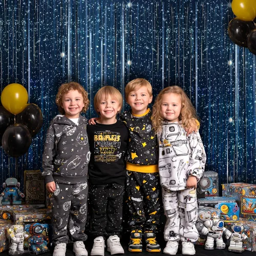 Vista 5 de OQOQ Telón de fondo de cortina de aluminio de galaxia (2 paquetes), 3.3 x 6.6 pies, telón de fondo de noche estrellada para decoración de fiesta
