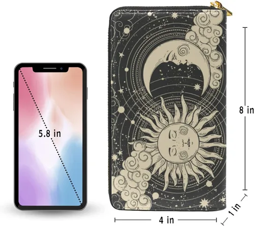 Vista 4 de Cartera larga para mujer, monedero con cremallera, cartera de cuero, Astrología Tarot Goth, Gótico