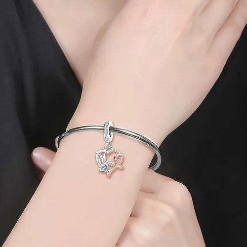 Vista 3 de MZC Jewelry Dije de mamá para pulseras Pandora para mujeres y niñas, oro rosa, flor de amor, corazón, colgante, cuentas de madre de hija, hijo