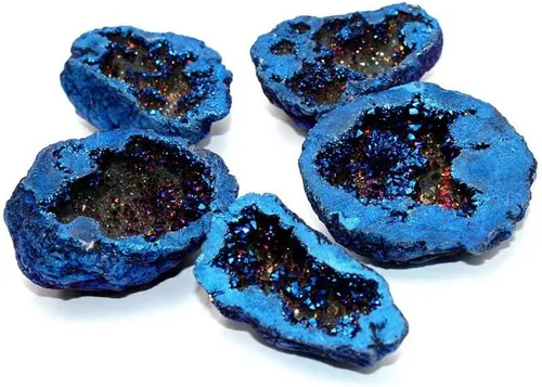 Vista 11 de StoneStory Cristal de roca natural de cuarzo recubierto de titanio, geoda de cristal curativo Reiki, espécimen mineral drusa azul, decoración