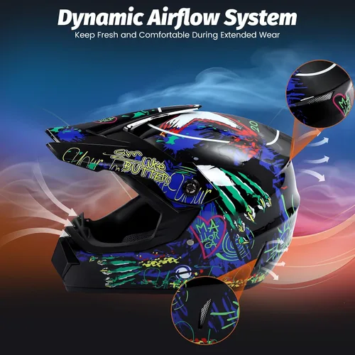 Vista 4 de Guantes para niños, lentes para motociclista y casco para manejar fuera de pista, para niños, para motocross, aprobados por el DOT, para carreras, M