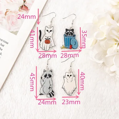 Vista 3 de Aretes colgantes espeluznantes de acrílico para Halloween, creativos, mapache, fantasma, calabaza, gatos, aretes de gota para mujeres y niñas
