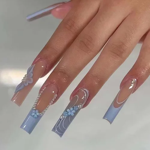 Vista 24 de Uñas postizas francesas a presión, uñas postizas largas de acrílico con forma de ataúd de cobertura completa, uñas postizas de bailarina