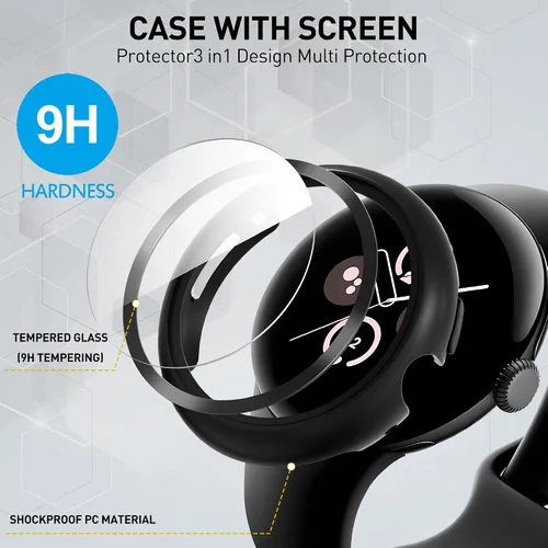 Vista 3 de Suoman Paquete de 3 fundas para Google Pixel Watch 3/2/1 de 1.614 pulgadas, [antiarañazos] protector de pantalla de vidrio templado 9H + cubierta