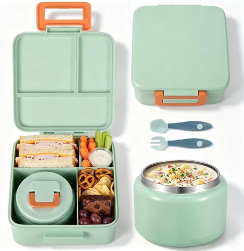 Vista 13 de MAISON HUIS Lonchera Bento con termo de sopa de 8 onzas y bolsa de almuerzo aislada, recipientes de comida a prueba de fugas para niños con 5