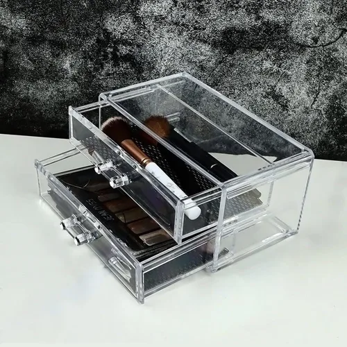 Vista 2 de Organizador de maquillaje de acrílico transparente con 2 cajones, caja de almacenamiento de maquillaje de escritorio y organizador de cosméticos