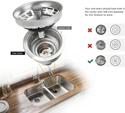 Vista 4 de Highcraft 9754JO - Colador de acero inoxidable para fregadero de cocina, repuesto para desagües estándar (3-1/2 pulgadas), tapón de goma con bloqueo