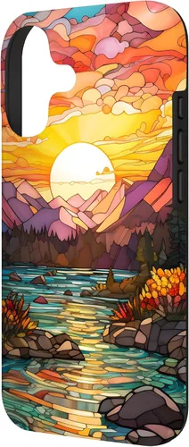Vista 2 de Sunset Stained Glass Mosaic Landscape Scene Case for iPhone 17