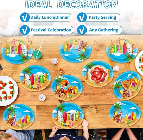 Vista 5 de Qyeahkj 50 piezas de platos de papel ovalados de surf de verano grandes de 11" para decoración de fiesta temática de playa desechable suministros