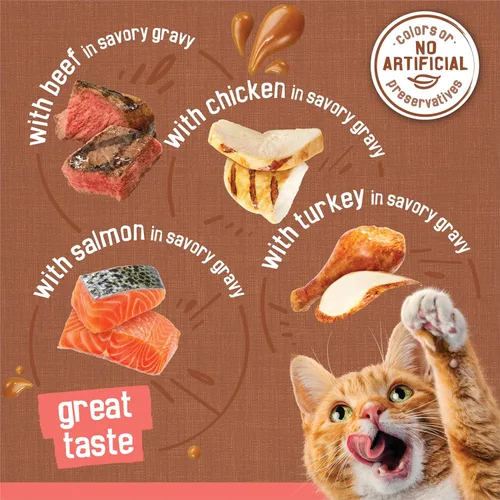 Vista 5 de Purina Friskies - Alimento húmedo extra en salsa para gatos, paquete variado de 24 unidades (con pollo, pavo, salmón, carne de res) (paquete de 24)