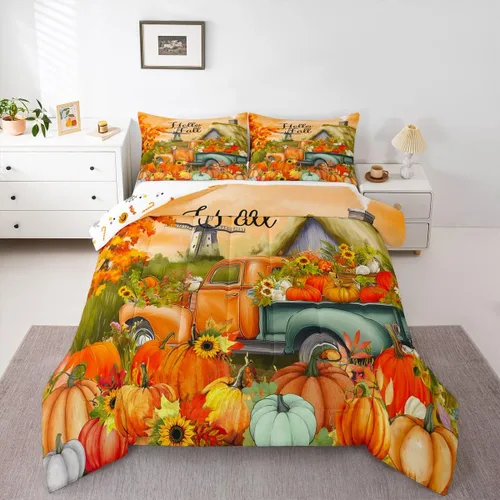 Vista 29 de Erosebridal Juego de edredón individual de pavo de Acción de Gracias, juego de ropa de cama de calabaza con hojas de otoño para niños y adultos