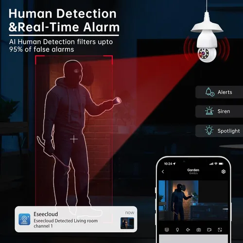 Vista 6 de Cámara de seguridad con bombilla de luz 2K 5G y 2.4G WiFi, cámaras de seguridad inalámbricas para exteriores e interiores, cámaras de bombilla