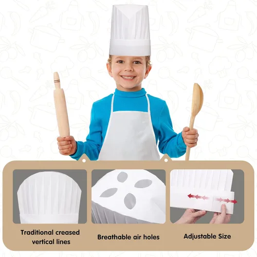 Vista 3 de 30 piezas de sombrero y delantal de chef para niños de 5 a 12 años, delantal para niños y niñas, cocina, hornear, pintura