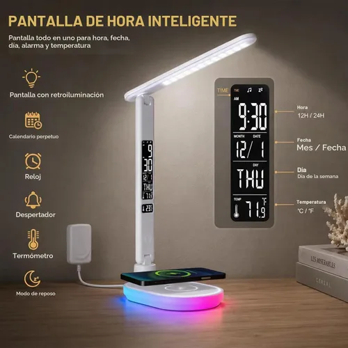 Vista 2 de Lámpara de escritorio LED con cargador inalámbrico, reloj, lámpara de mesa