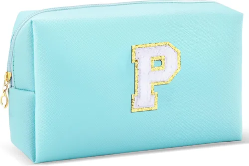 Vista 25 de URSKYTOUS Regalos para niñas, bolsa de maquillaje con inicial, bolsa de cosméticos personalizada con cremallera, bonita bolsa de aseo de viaje, Azul