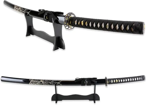 Vista 4 de Vulcan Gear Espada Katana Samurai japonesa clásica hecha a mano con vaina y soporte de madera de una sola espada, estilo elige tu mango (Tsuba)