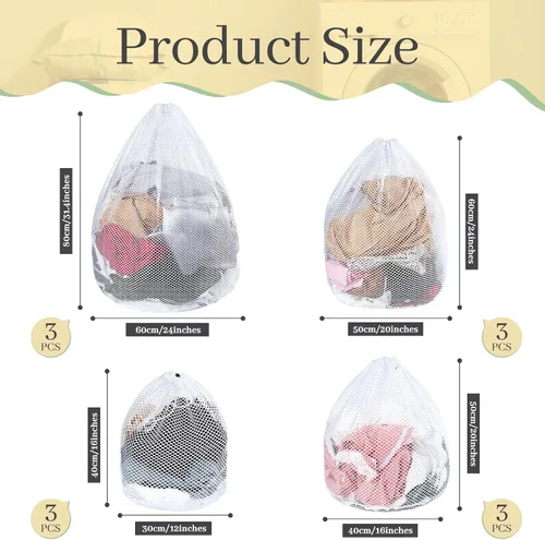 Vista 2 de Fabbay 12 bolsas de malla para lavandería con cordón de malla blanca resistente, lavable a máquina, bolsa con cordón, bolsa de lavado de red, bolsa