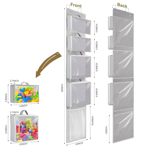 Vista 3 de Woodoulogy Organizador y almacenamiento para colocar sobre la puerta, soporte de juguetes colgante con 4 bolsas extraíbles transparentes, funda