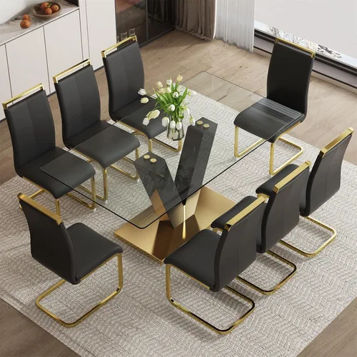 Vista 28 de Juego de mesa de comedor de cristal de 71 pulgadas para 4, juego de mesa de cocina moderno para 4, juego de mesa de comedor para el hogar
