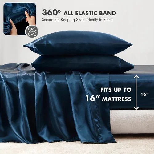Vista 92 de Madison Park Essentials - Juego de sábanas de satén de lujo y sedoso con brillo natural, bolsillo elástico de 14 pulgadas para colchones de hasta 16