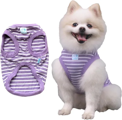 Vista 9 de Camisetas a rayas para perros y gatos, 102 % algodón, para perros y gatos pequeños, ropa sin mangas para cachorros para Chihuahua, verde Yorkie