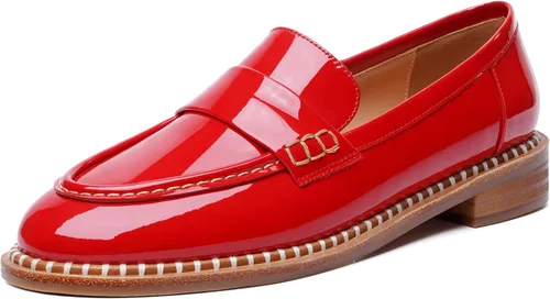 Vista 9 de FOGEENA Mocasines de tacón bajo para mujer, estilo casual, puntera redonda, de charol grueso, de 1 pulgada