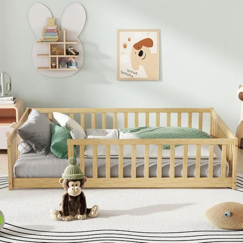 Vista 19 de Twin Size Floor Bed with Slats and Guardrails, Wood Floor Bed, Espresso