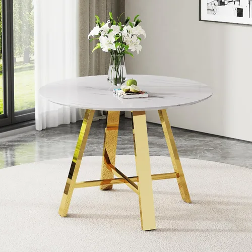 Vista 13 de Mesas redondas de 42 pulgadas, modernas mesas de comedor redondas con mesa de madera y patas de acero inoxidable, mesa circular tapizada para Marrón