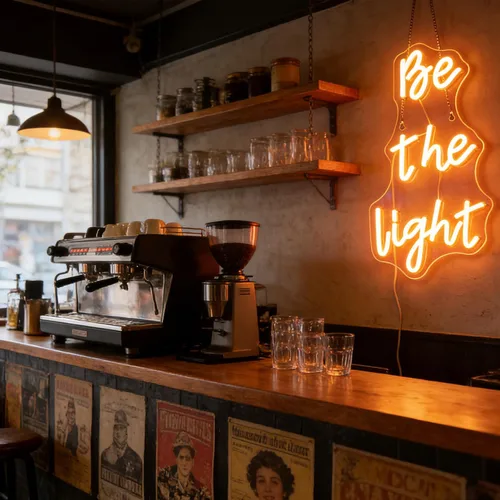Vista 5 de Letrero de neón con texto en inglés "Be The Light", luces de neón decorativas con citas positivas para decoración de pared de habitación del hogar