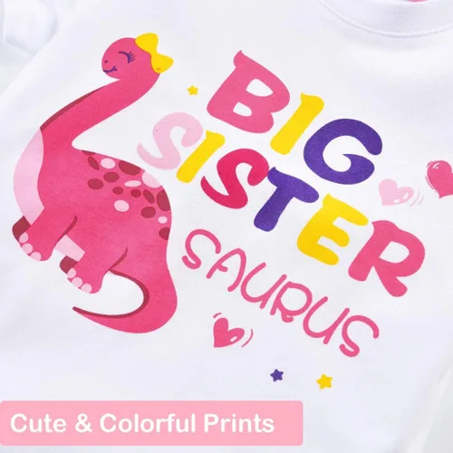 Vista 2 de WAWSAM Camiseta promocionada de dinosaurio con anuncio de hermana grande para niñas pequeñas