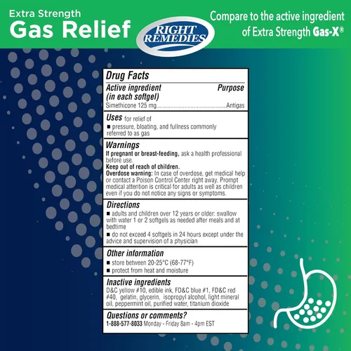 Vista 2 de RIGHT REMEDIES Alivio de gas extra fuerte, 125 mg de simeticona (365 cápsulas blandas), alivio rápido del gas, hinchazón, plenitud, malestar